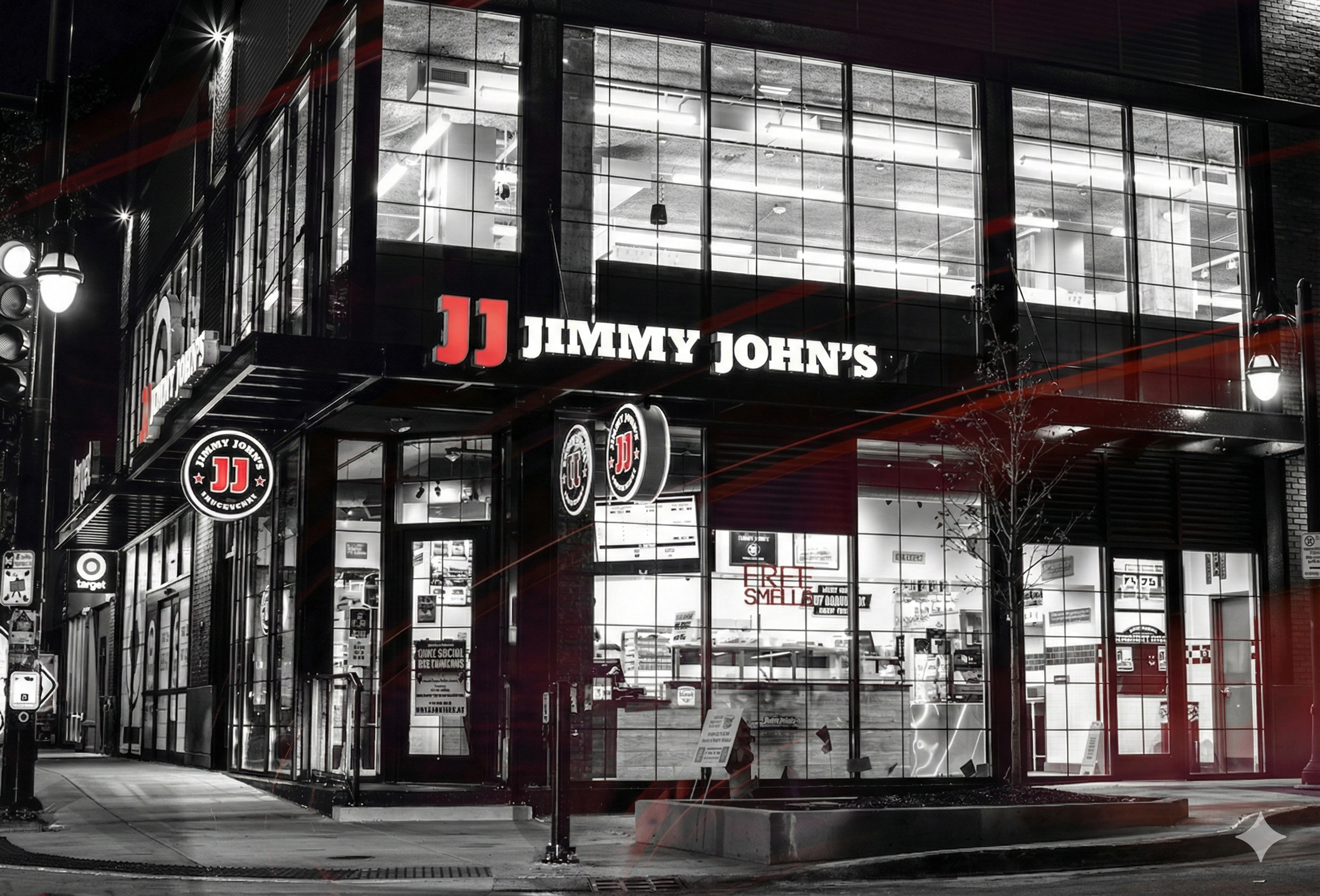 Jimmy John's at night in an urban streetscape
